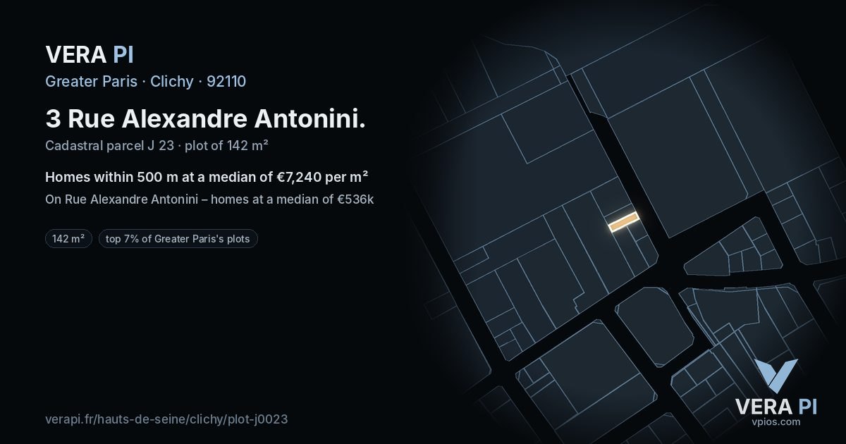 3 Rue Alexandre Antonini, Clichy at night – the plot lit, the parcels around coloured by the prices near them