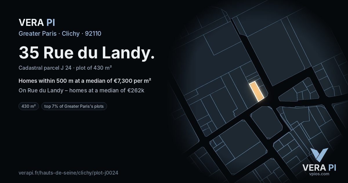35 Rue du Landy, Clichy at night – the plot lit, the parcels around coloured by the prices near them