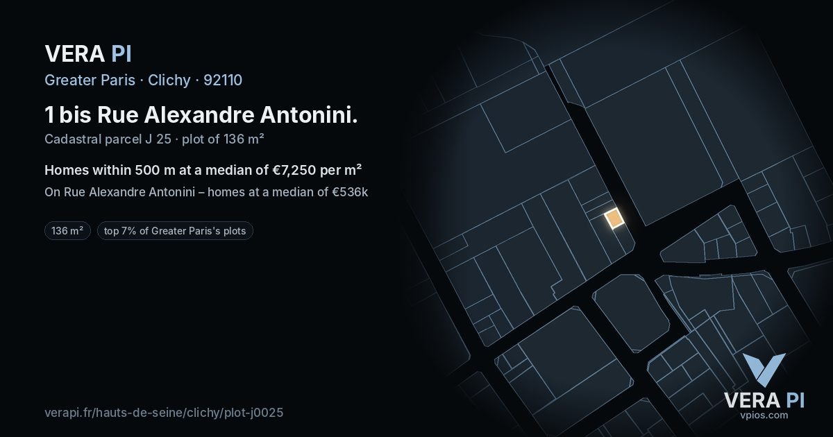 1 bis Rue Alexandre Antonini, Clichy at night – the plot lit, the parcels around coloured by the prices near them
