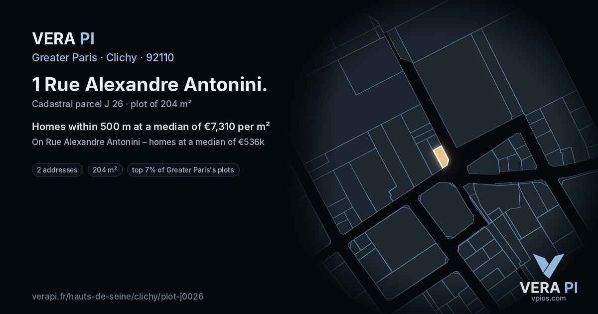 1 Rue Alexandre Antonini, Clichy at night – the plot lit, the parcels around coloured by the prices near them