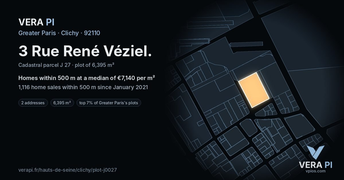 3 Rue René Véziel, Clichy at night – the plot lit, the parcels around coloured by the prices near them