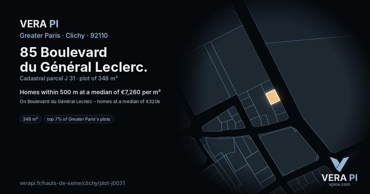 85 Boulevard du Général Leclerc, Clichy at night – the plot lit, the parcels around coloured by the prices near them