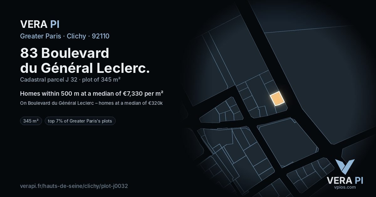 83 Boulevard du Général Leclerc, Clichy at night – the plot lit, the parcels around coloured by the prices near them