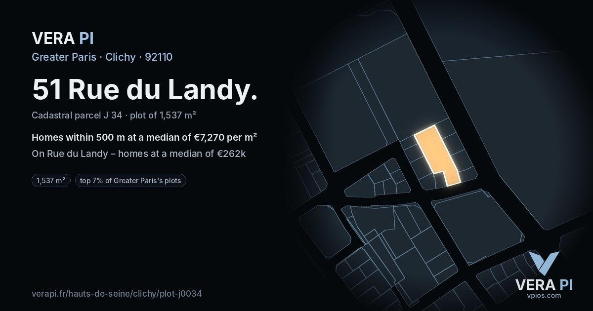51 Rue du Landy, Clichy at night – the plot lit, the parcels around coloured by the prices near them