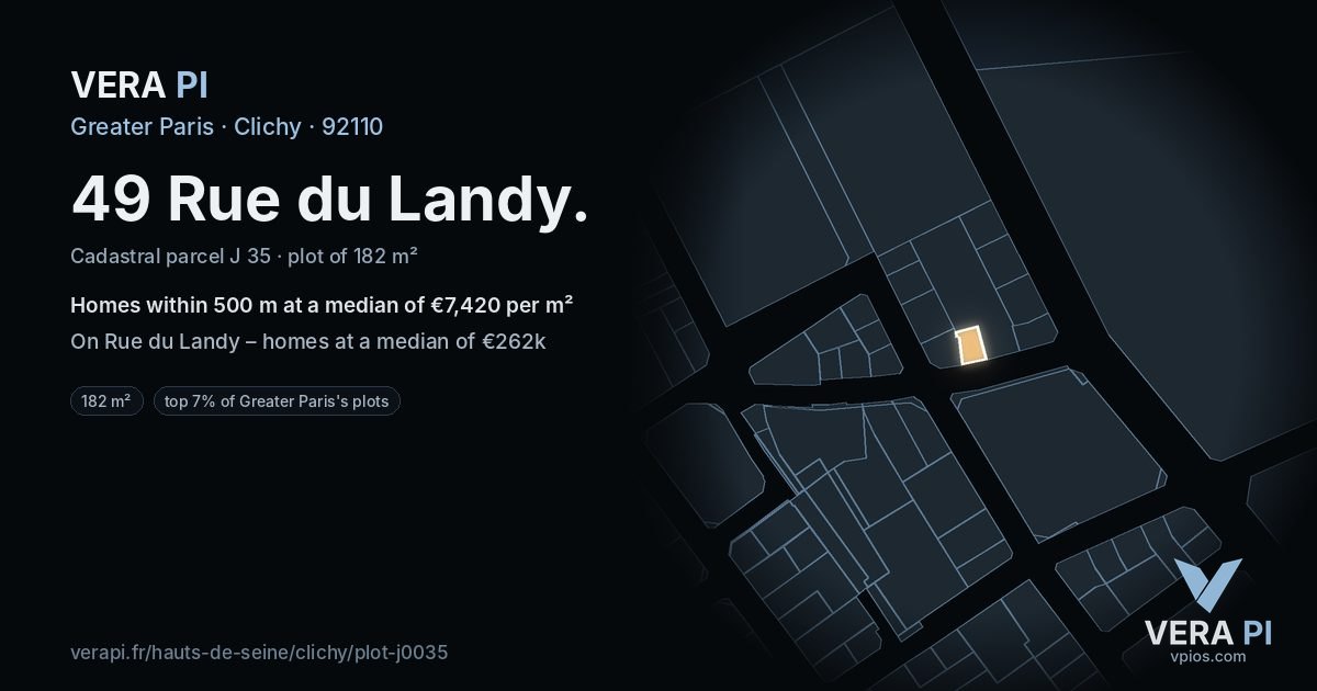 49 Rue du Landy, Clichy at night – the plot lit, the parcels around coloured by the prices near them
