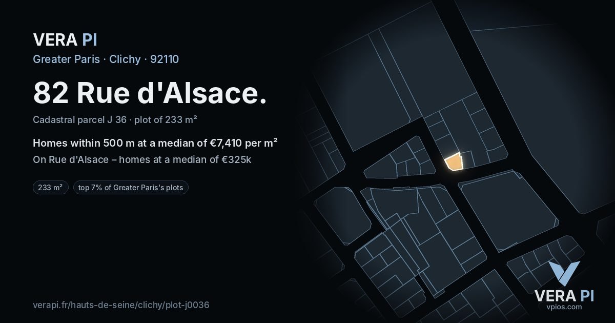 82 Rue d'Alsace, Clichy at night – the plot lit, the parcels around coloured by the prices near them