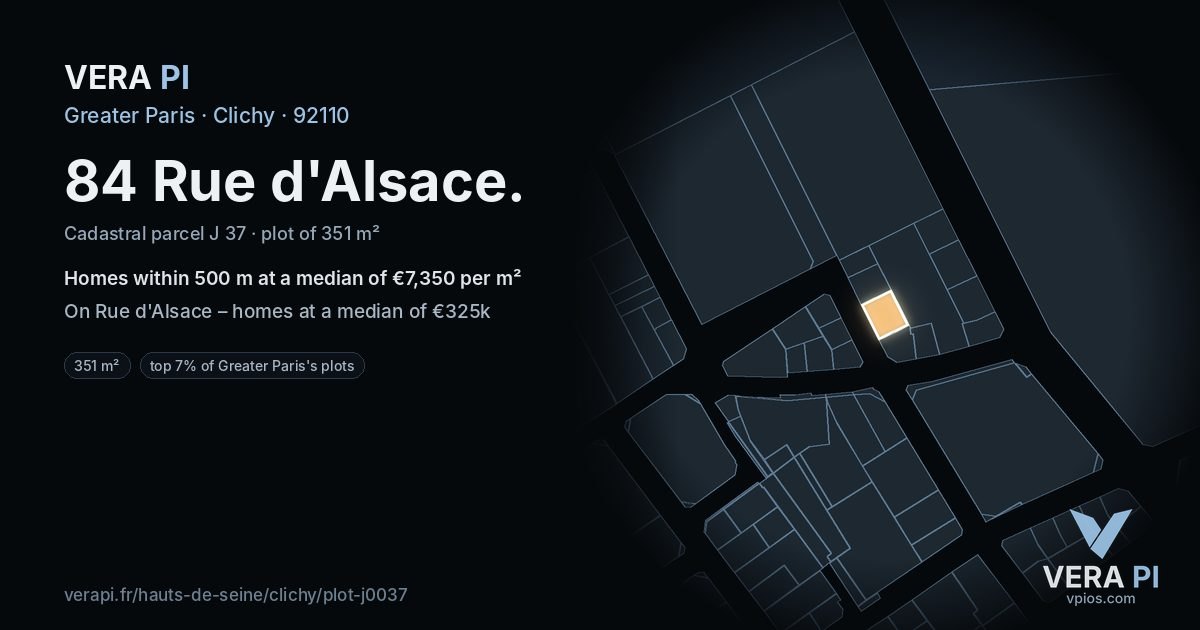 84 Rue d'Alsace, Clichy at night – the plot lit, the parcels around coloured by the prices near them