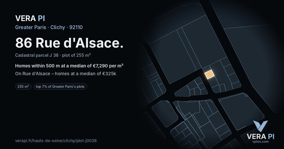 86 Rue d'Alsace, Clichy at night – the plot lit, the parcels around coloured by the prices near them