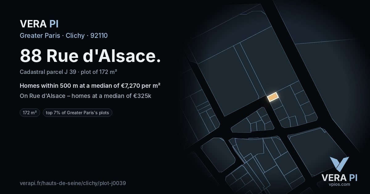 88 Rue d'Alsace, Clichy at night – the plot lit, the parcels around coloured by the prices near them