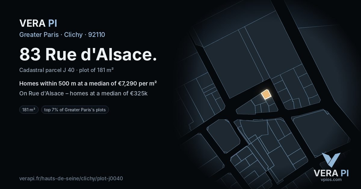 83 Rue d'Alsace, Clichy at night – the plot lit, the parcels around coloured by the prices near them