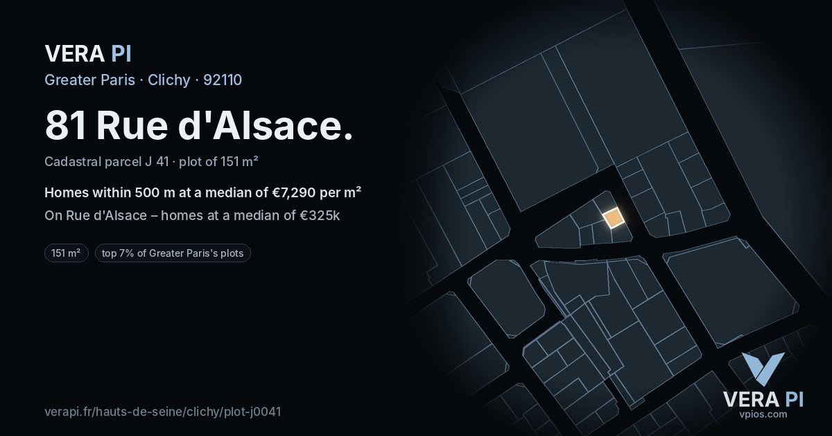 81 Rue d'Alsace, Clichy at night – the plot lit, the parcels around coloured by the prices near them