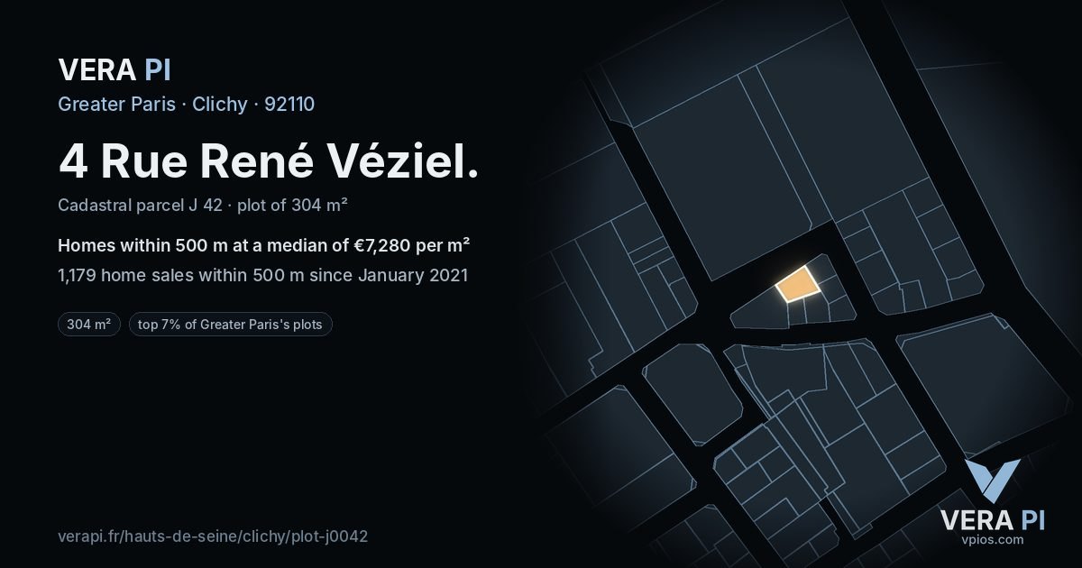 4 Rue René Véziel, Clichy at night – the plot lit, the parcels around coloured by the prices near them