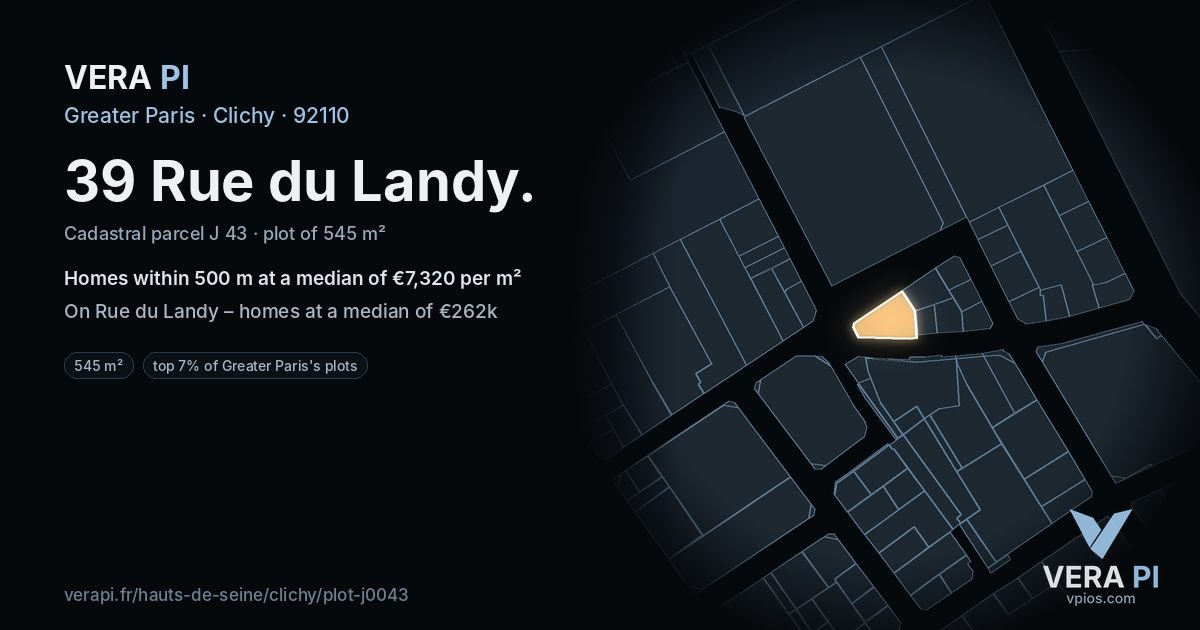 39 Rue du Landy, Clichy at night – the plot lit, the parcels around coloured by the prices near them