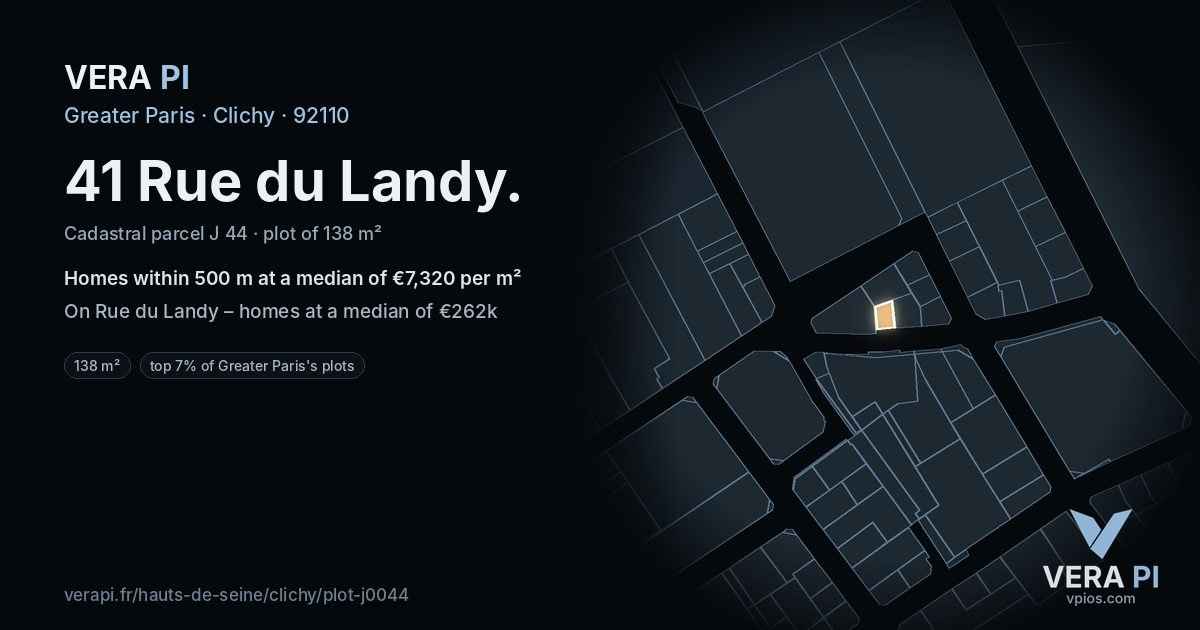 41 Rue du Landy, Clichy at night – the plot lit, the parcels around coloured by the prices near them