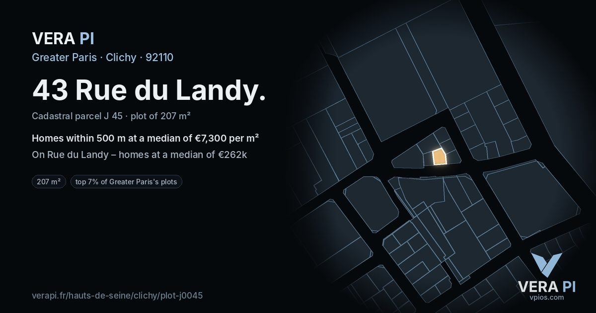 43 Rue du Landy, Clichy at night – the plot lit, the parcels around coloured by the prices near them