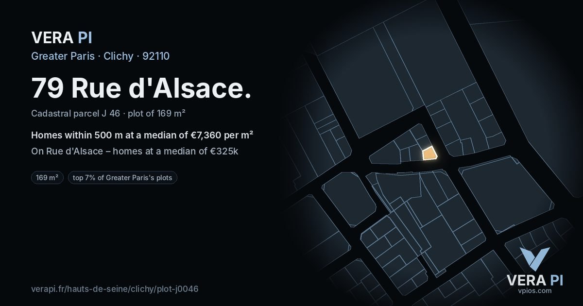 79 Rue d'Alsace, Clichy at night – the plot lit, the parcels around coloured by the prices near them