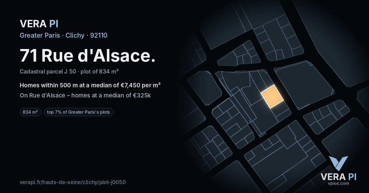 71 Rue d'Alsace, Clichy at night – the plot lit, the parcels around coloured by the prices near them