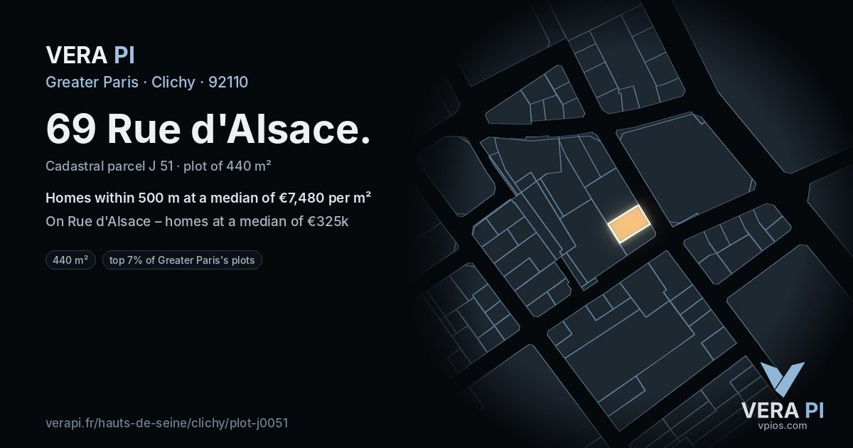 69 Rue d'Alsace, Clichy at night – the plot lit, the parcels around coloured by the prices near them
