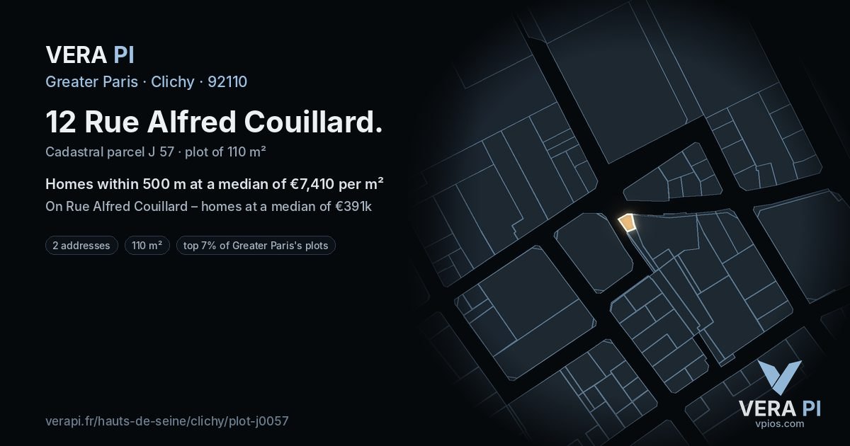 12 Rue Alfred Couillard, Clichy at night – the plot lit, the parcels around coloured by the prices near them
