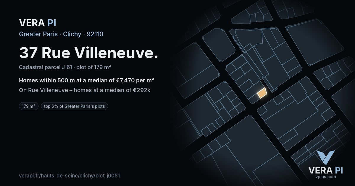 37 Rue Villeneuve, Clichy at night – the plot lit, the parcels around coloured by the prices near them