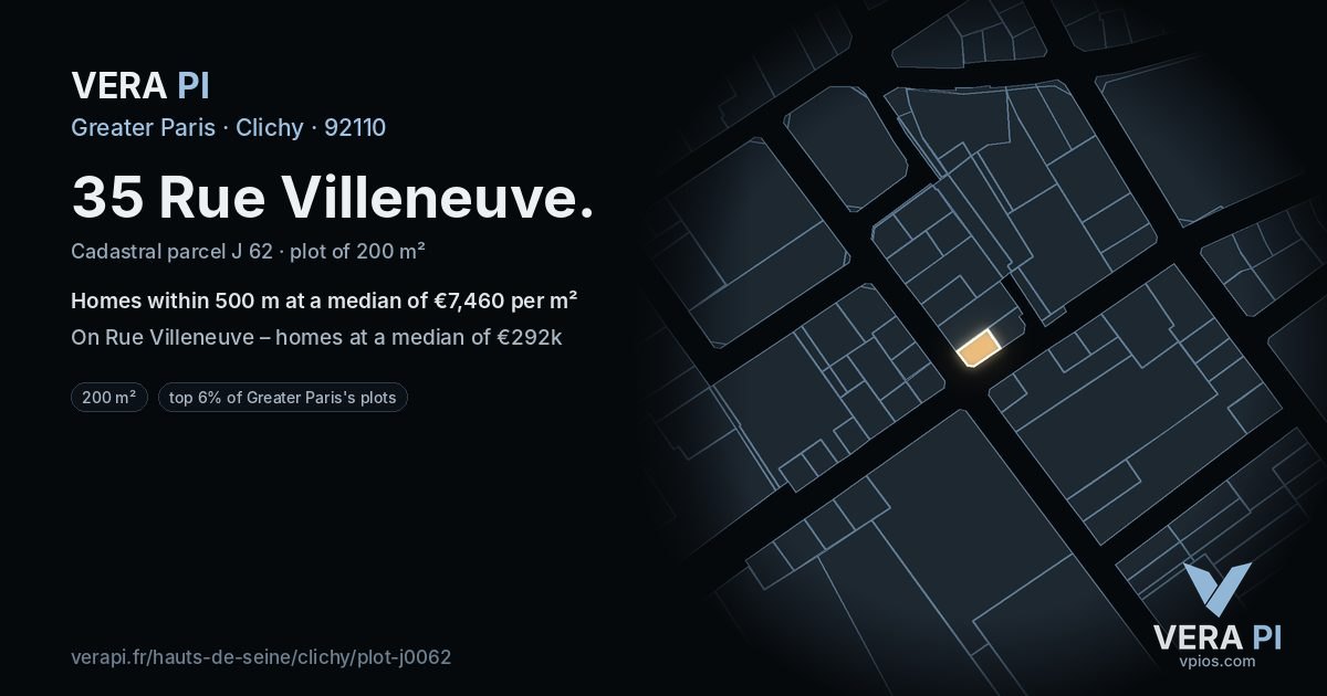 35 Rue Villeneuve, Clichy at night – the plot lit, the parcels around coloured by the prices near them