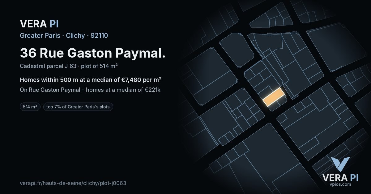 36 Rue Gaston Paymal, Clichy at night – the plot lit, the parcels around coloured by the prices near them
