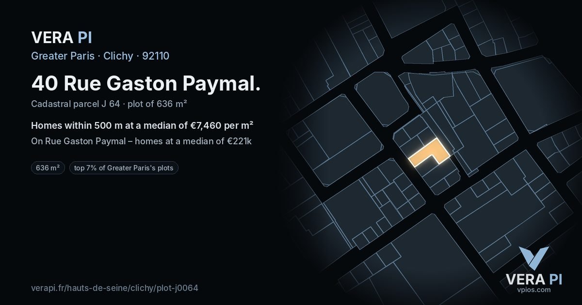 40 Rue Gaston Paymal, Clichy at night – the plot lit, the parcels around coloured by the prices near them