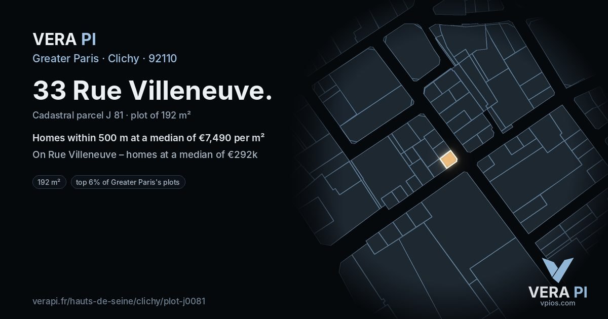 33 Rue Villeneuve, Clichy at night – the plot lit, the parcels around coloured by the prices near them