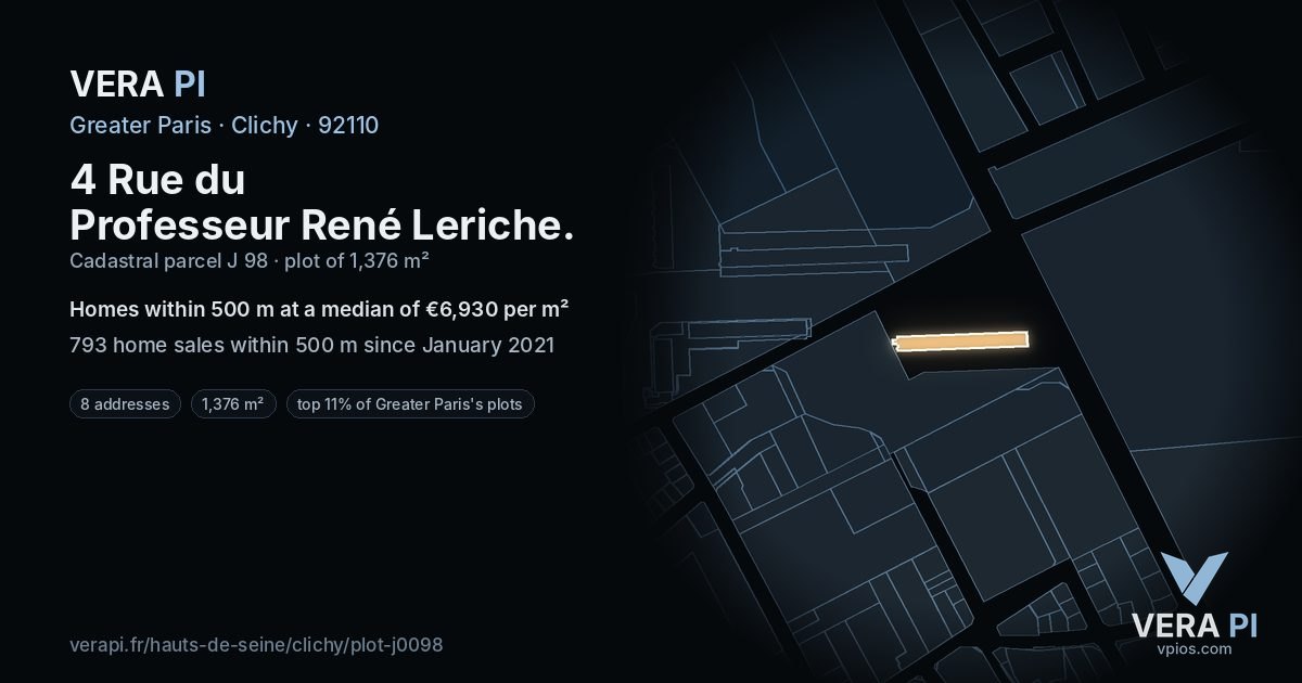 4 Rue du Professeur René Leriche, Clichy at night – the plot lit, the parcels around coloured by the prices near them