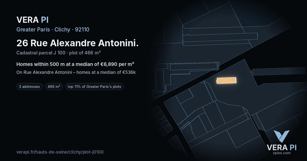 26 Rue Alexandre Antonini, Clichy at night – the plot lit, the parcels around coloured by the prices near them
