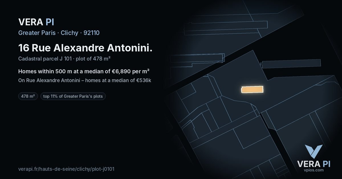16 Rue Alexandre Antonini, Clichy at night – the plot lit, the parcels around coloured by the prices near them
