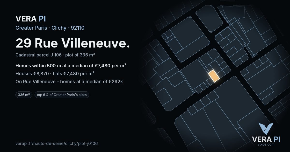 29 Rue Villeneuve, Clichy at night – the plot lit, the parcels around coloured by the prices near them