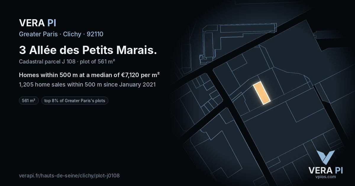 3 Allée des Petits Marais, Clichy at night – the plot lit, the parcels around coloured by the prices near them