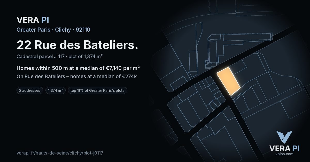 22 Rue des Bateliers, Clichy at night – the plot lit, the parcels around coloured by the prices near them
