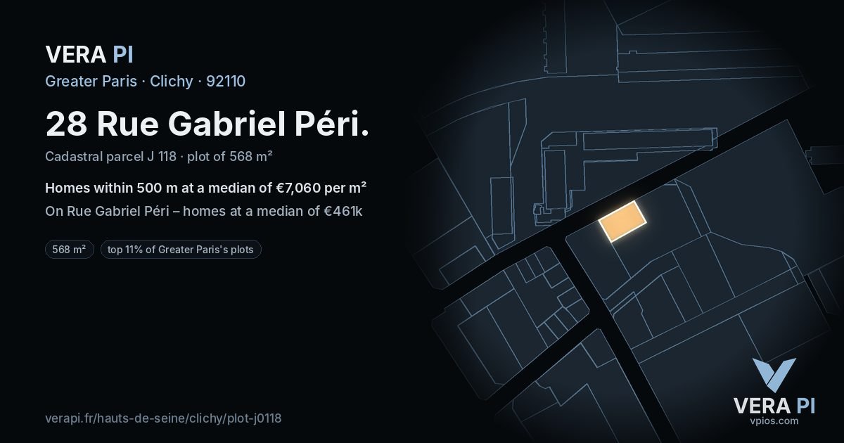 28 Rue Gabriel Péri, Clichy at night – the plot lit, the parcels around coloured by the prices near them