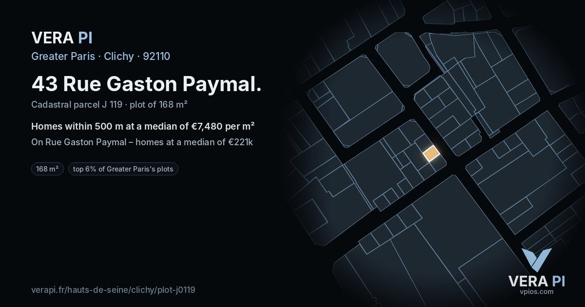 43 Rue Gaston Paymal, Clichy at night – the plot lit, the parcels around coloured by the prices near them