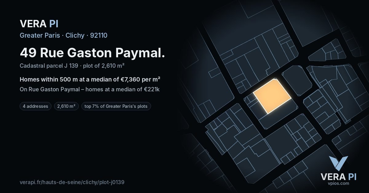 49 Rue Gaston Paymal, Clichy at night – the plot lit, the parcels around coloured by the prices near them