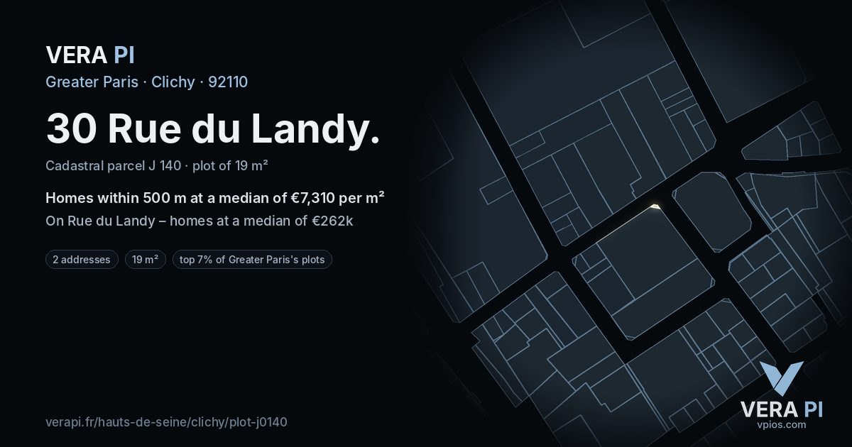 30 Rue du Landy, Clichy at night – the plot lit, the parcels around coloured by the prices near them