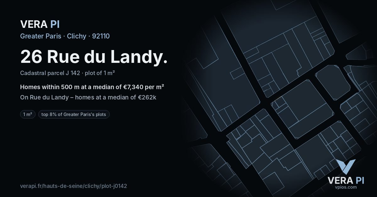 26 Rue du Landy, Clichy at night – the plot lit, the parcels around coloured by the prices near them