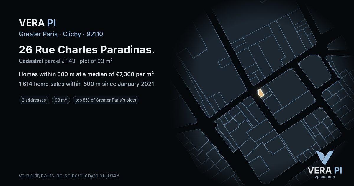 26 Rue Charles Paradinas, Clichy at night – the plot lit, the parcels around coloured by the prices near them