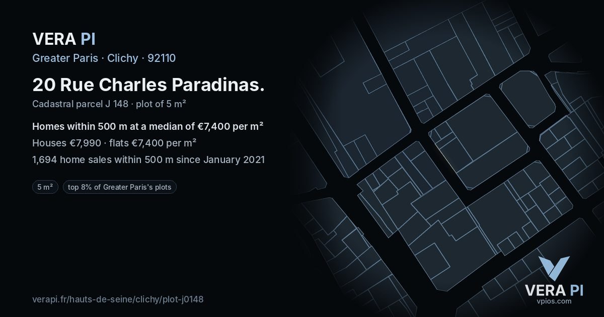 20 Rue Charles Paradinas, Clichy at night – the plot lit, the parcels around coloured by the prices near them