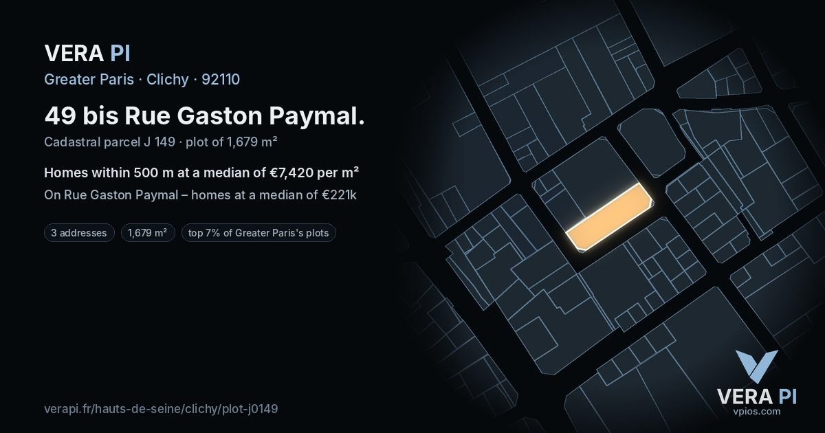49 bis Rue Gaston Paymal, Clichy at night – the plot lit, the parcels around coloured by the prices near them