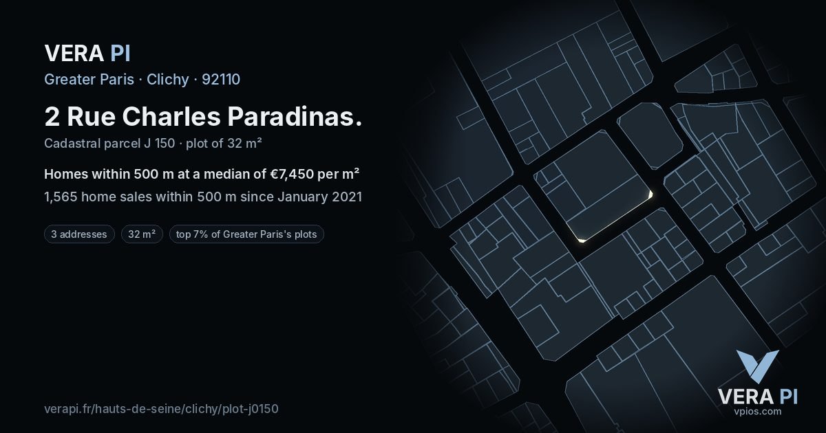 2 Rue Charles Paradinas, Clichy at night – the plot lit, the parcels around coloured by the prices near them