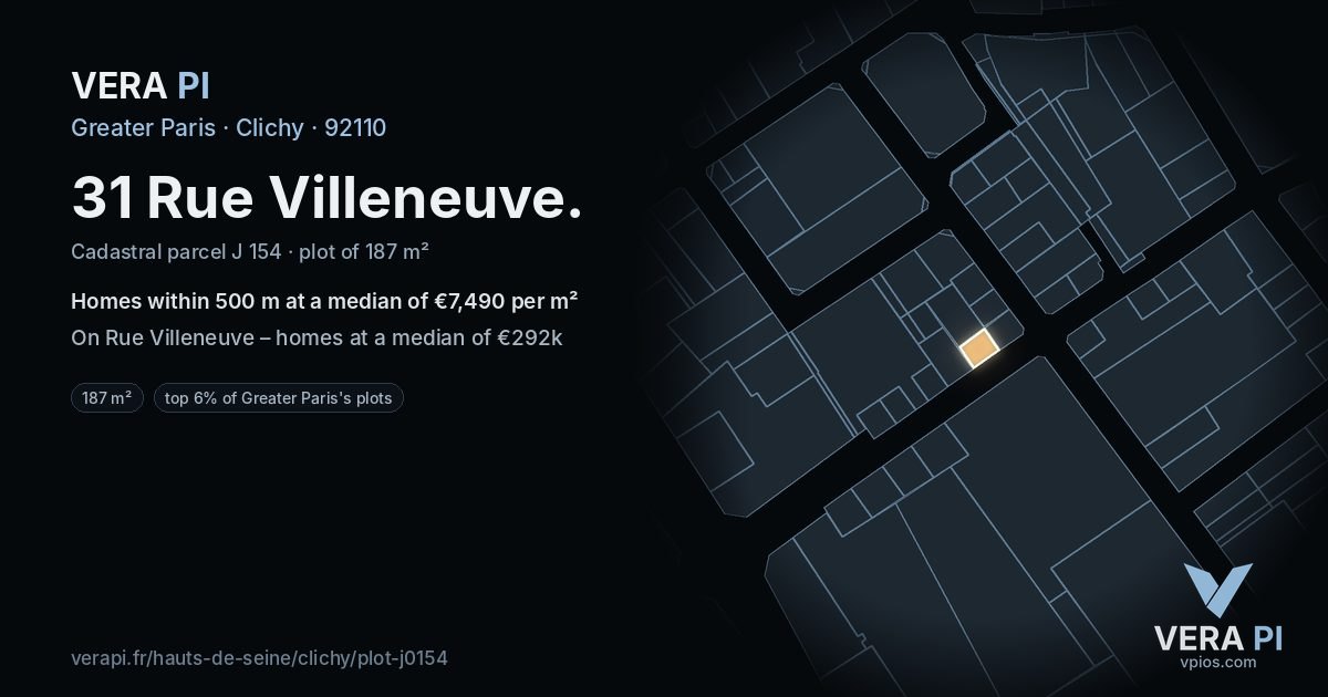 31 Rue Villeneuve, Clichy at night – the plot lit, the parcels around coloured by the prices near them