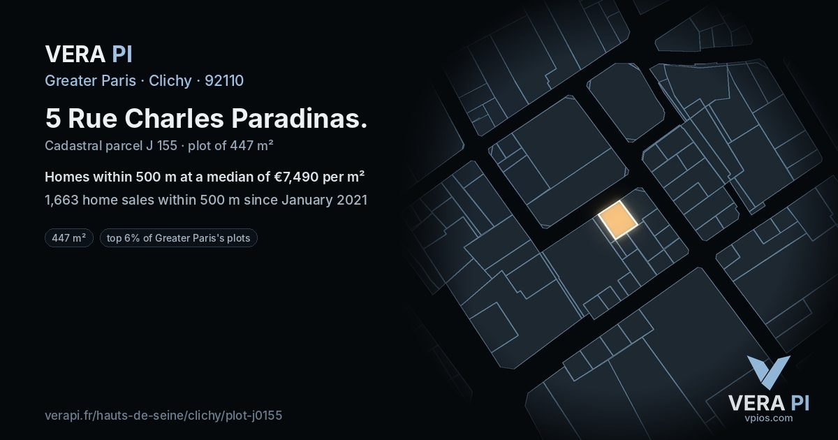 5 Rue Charles Paradinas, Clichy at night – the plot lit, the parcels around coloured by the prices near them