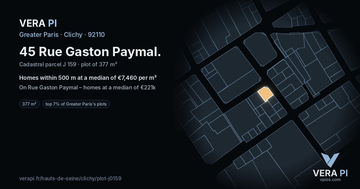 45 Rue Gaston Paymal, Clichy at night – the plot lit, the parcels around coloured by the prices near them