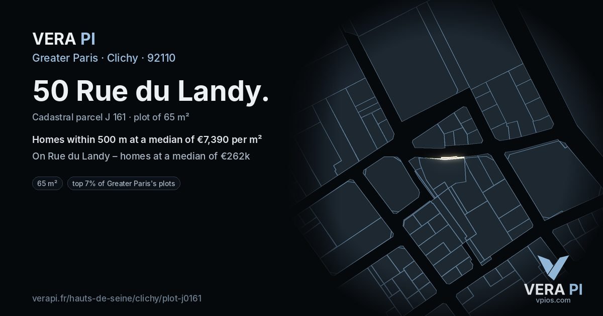 50 Rue du Landy, Clichy at night – the plot lit, the parcels around coloured by the prices near them