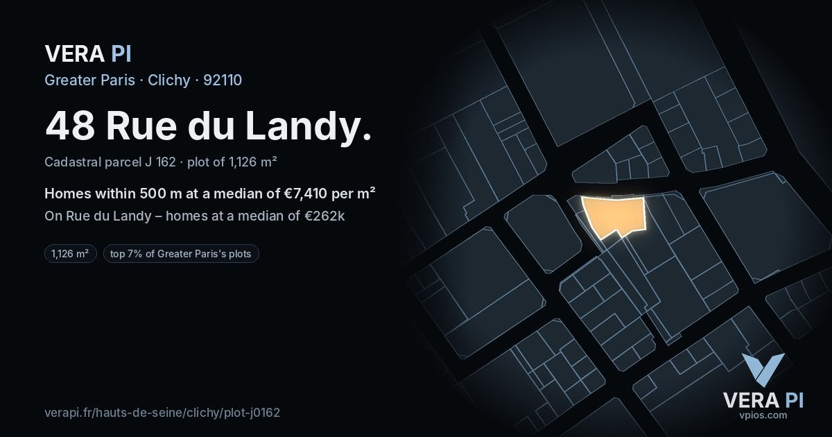 48 Rue du Landy, Clichy at night – the plot lit, the parcels around coloured by the prices near them