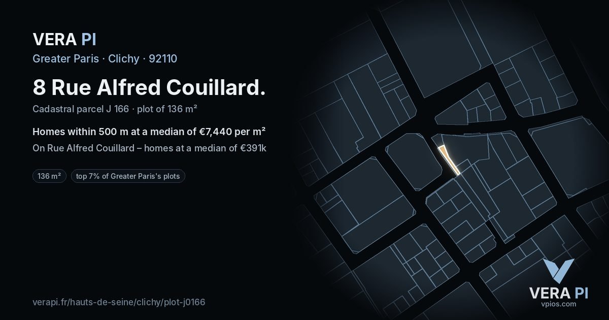 8 Rue Alfred Couillard, Clichy at night – the plot lit, the parcels around coloured by the prices near them