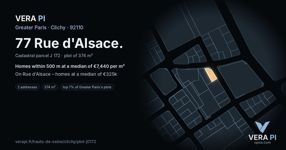 77 Rue d'Alsace, Clichy at night – the plot lit, the parcels around coloured by the prices near them